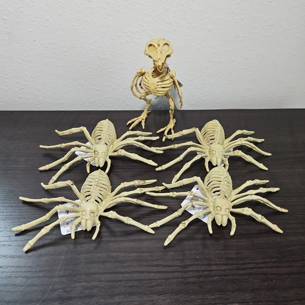 5 Halloween Plastic Skeleton Decorations 4 Spiders 1 Bird